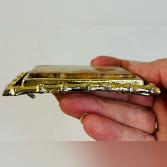 1970s Kenneth Reid Mixed Wood Inlay and Howlite Solid Brass Handmade Belt Buckle - Picture 7 of 13